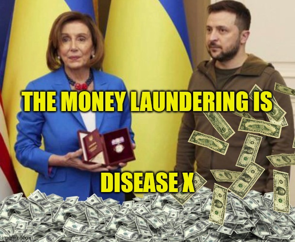 Treasonous Treasures Reeeeeee | THE MONEY LAUNDERING IS; DISEASE X | image tagged in nancy pelosis zelensky and cash payoff,money laundering,government corruption,evilmandoevil,fake news,fjb | made w/ Imgflip meme maker
