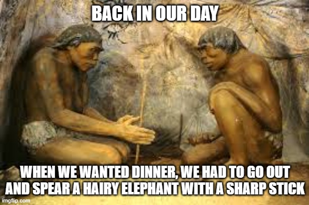 caveman fire | BACK IN OUR DAY WHEN WE WANTED DINNER, WE HAD TO GO OUT AND SPEAR A HAIRY ELEPHANT WITH A SHARP STICK | image tagged in caveman fire | made w/ Imgflip meme maker