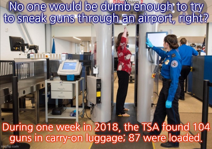 Potential highjackers. | No one would be dumb enough to try to sneak guns through an airport, right? During one week in 2018, the TSA found 104
guns in carry-on luggage; 87 were loaded. | image tagged in airport security,gun violence,danger,shameless | made w/ Imgflip meme maker