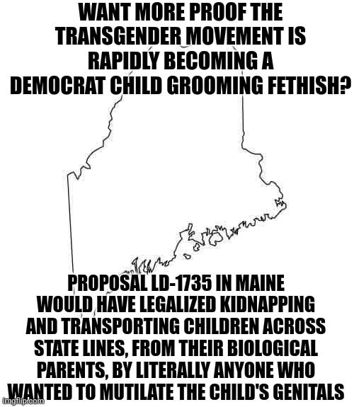 Legal kidnapping for medical experimentation. In the name of liberalism? You heard it right. | WANT MORE PROOF THE TRANSGENDER MOVEMENT IS RAPIDLY BECOMING A DEMOCRAT CHILD GROOMING FETHISH? PROPOSAL LD-1735 IN MAINE WOULD HAVE LEGALIZED KIDNAPPING AND TRANSPORTING CHILDREN ACROSS STATE LINES, FROM THEIR BIOLOGICAL PARENTS, BY LITERALLY ANYONE WHO WANTED TO MUTILATE THE CHILD'S GENITALS | image tagged in kidnapping,liberal logic,transgender,democratic socialism,hypocrites,insanity | made w/ Imgflip meme maker