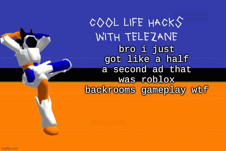 the fuck?? | bro i just got like a half a second ad that was roblox backrooms gameplay wtf | image tagged in cool life hacks with telezane | made w/ Imgflip meme maker