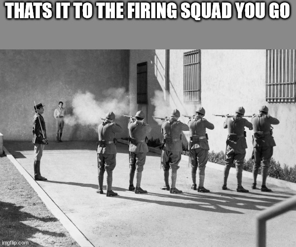 firing squad | THATS IT TO THE FIRING SQUAD YOU GO | image tagged in firing squad | made w/ Imgflip meme maker