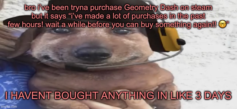 chucklenuts | bro i’ve been tryna purchase Geometry Dash on steam but it says “i’ve made a lot of purchases in the past few hours! wait a while before you can buy something again!! 🤓”; I HAVENT BOUGHT ANYTHING IN LIKE 3 DAYS | image tagged in chucklenuts | made w/ Imgflip meme maker
