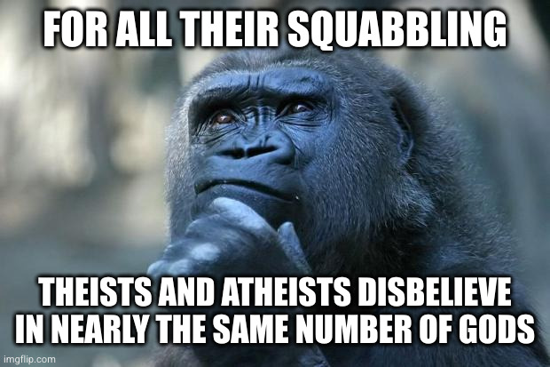 usually the difference is next to none | FOR ALL THEIR SQUABBLING; THEISTS AND ATHEISTS DISBELIEVE IN NEARLY THE SAME NUMBER OF GODS | image tagged in deep thoughts | made w/ Imgflip meme maker