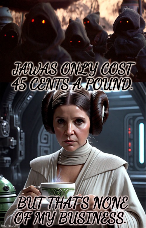 budget eats | JAWAS ONLY COST 45 CENTS A POUND. BUT THAT'S NONE OF MY BUSINESS. | image tagged in jawa,meat | made w/ Imgflip meme maker