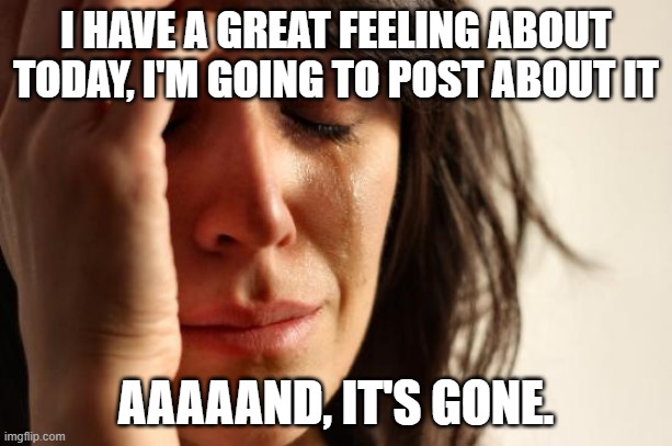 EKW | I HAVE A GREAT FEELING ABOUT TODAY, I'M GOING TO POST ABOUT IT; AAAAAND, IT'S GONE. | image tagged in memes,first world problems | made w/ Imgflip meme maker