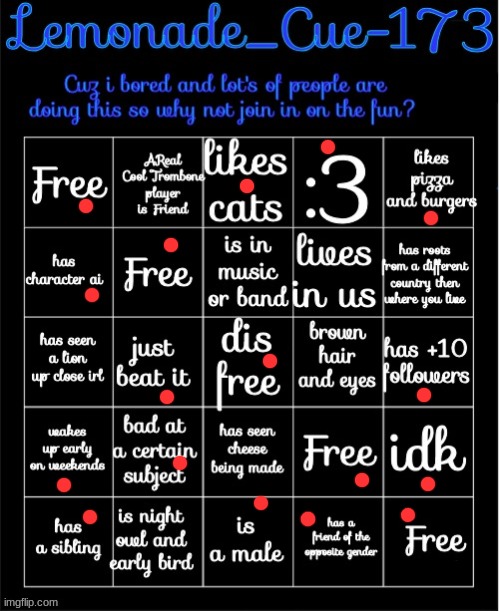 Lemonade_Cue-173 Bingo | image tagged in lemonade_cue-173 bingo | made w/ Imgflip meme maker