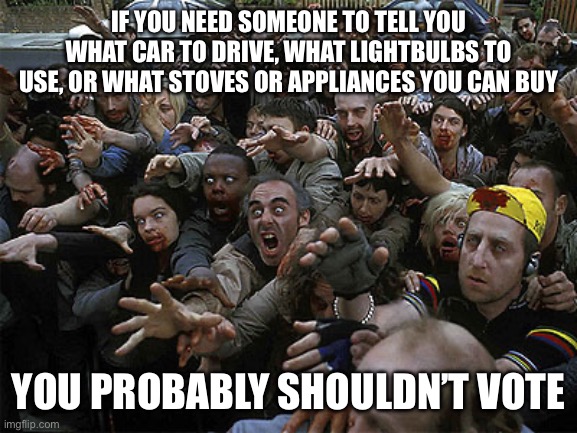 If you can’t mKe decisions on the mundane why should you make them on a national level? | IF YOU NEED SOMEONE TO TELL YOU WHAT CAR TO DRIVE, WHAT LIGHTBULBS TO USE, OR WHAT STOVES OR APPLIANCES YOU CAN BUY; YOU PROBABLY SHOULDN’T VOTE | image tagged in zombies approaching | made w/ Imgflip meme maker