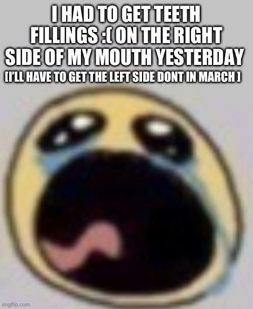 Sobbing loudly | I HAD TO GET TEETH FILLINGS :( ON THE RIGHT SIDE OF MY MOUTH YESTERDAY; [I’LL HAVE TO GET THE LEFT SIDE DONT IN MARCH ] | image tagged in sobbing loudly,sad | made w/ Imgflip meme maker