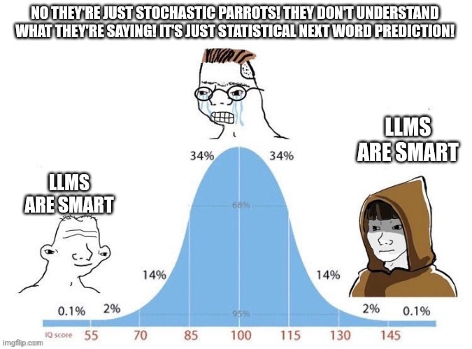 Bell Curve | NO THEY'RE JUST STOCHASTIC PARROTS! THEY DON'T UNDERSTAND WHAT THEY'RE SAYING! IT'S JUST STATISTICAL NEXT WORD PREDICTION! LLMS ARE SMART; LLMS ARE SMART | image tagged in bell curve | made w/ Imgflip meme maker