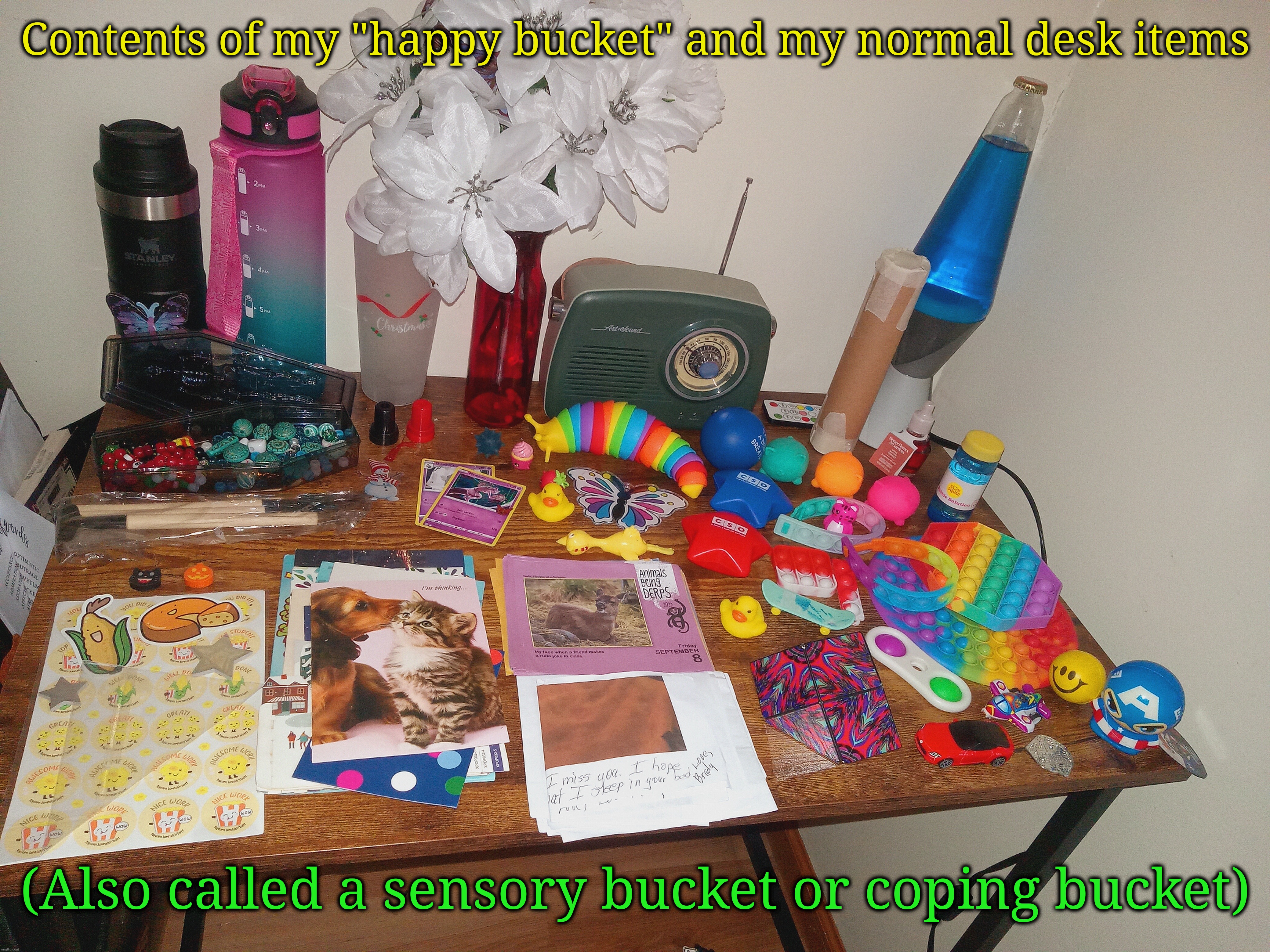 Contents of my "happy bucket" and my normal desk items; (Also called a sensory bucket or coping bucket) | made w/ Imgflip meme maker