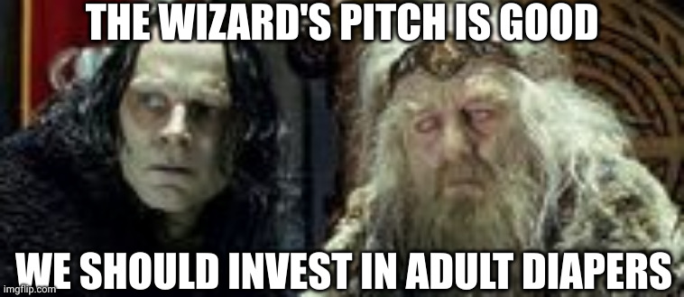 Medieval Shark Tank | THE WIZARD'S PITCH IS GOOD; WE SHOULD INVEST IN ADULT DIAPERS | image tagged in powerless king,adult diapers,shark tank,pitch,memes,lord of the rings | made w/ Imgflip meme maker