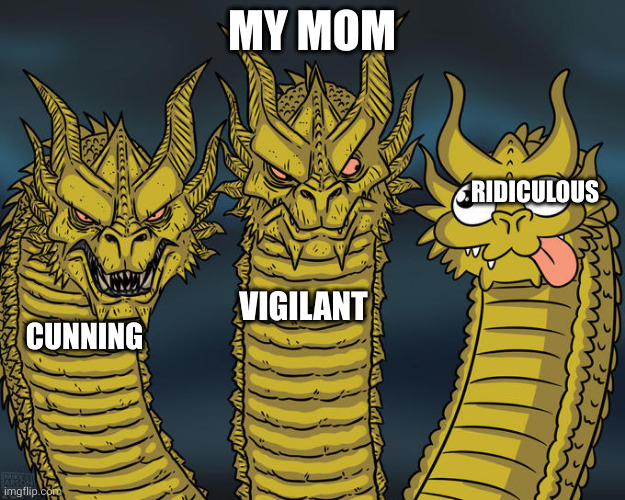 Three-headed Dragon | MY MOM CUNNING VIGILANT RIDICULOUS | image tagged in three-headed dragon | made w/ Imgflip meme maker