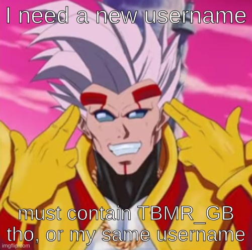 Aka give me a new username, if it lets me change my username | I need a new username; must contain TBMR_GB tho, or my same username | made w/ Imgflip meme maker