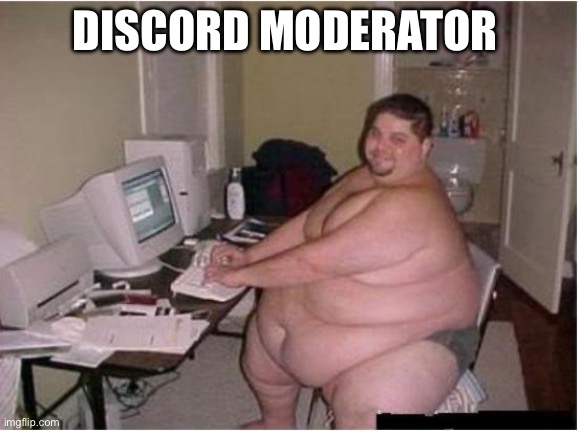 discord mods | DISCORD MODERATOR | image tagged in really fat guy on computer | made w/ Imgflip meme maker