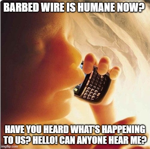 Baby in womb on cell phone - fetus blackberry | BARBED WIRE IS HUMANE NOW? HAVE YOU HEARD WHAT'S HAPPENING TO US? HELLO! CAN ANYONE HEAR ME? | image tagged in baby in womb on cell phone - fetus blackberry | made w/ Imgflip meme maker