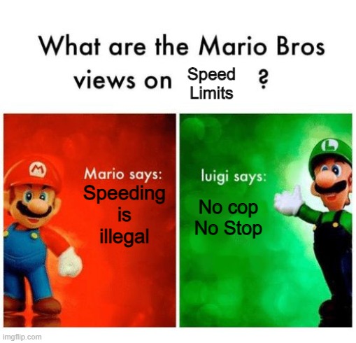 No cop No Stop | Speed Limits; Speeding is illegal; No cop No Stop | image tagged in mario says luigi says,memes,funny,lol,true | made w/ Imgflip meme maker
