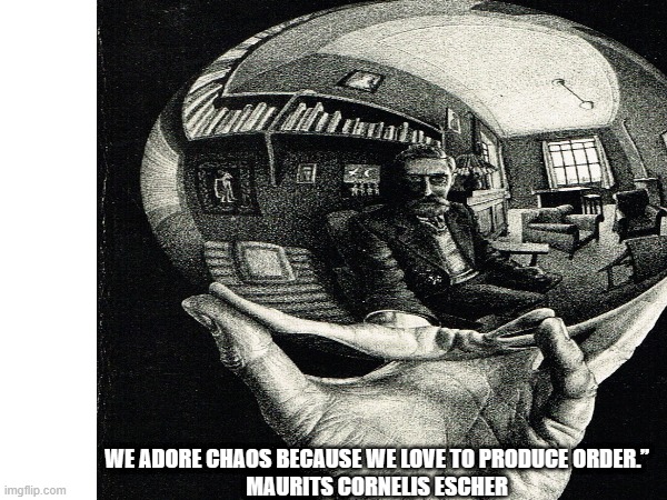 M.C. Escher | WE ADORE CHAOS BECAUSE WE LOVE TO PRODUCE ORDER.”

MAURITS CORNELIS ESCHER | image tagged in chaos  escher,mc escher quote,reflections | made w/ Imgflip meme maker