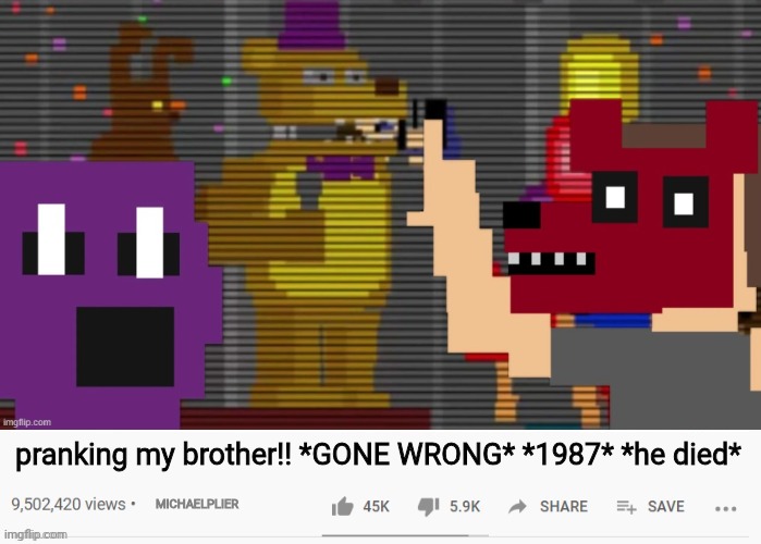 if michael afton had a youtube channel | pranking my brother!! *GONE WRONG* *1987* *he died*; MICHAELPLIER | image tagged in youtube video template,pranks,1987,fnaf,bite of 87 | made w/ Imgflip meme maker