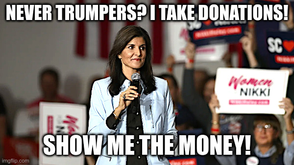Nikki Haley: Democrats, I Can Be Your Candidate! | image tagged in never trump,nikki haley,democrats,show me the money | made w/ Imgflip meme maker