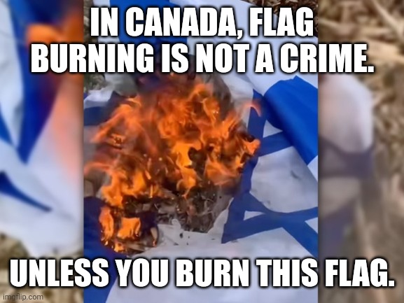 Make this make sense. Either way, I'm burning my Israeli flag. | IN CANADA, FLAG BURNING IS NOT A CRIME. UNLESS YOU BURN THIS FLAG. | image tagged in canada,israel | made w/ Imgflip meme maker