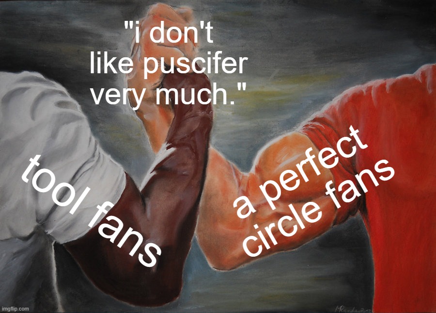 Tool and A Perfect Circle Fans on Puscifer | "i don't like puscifer very much."; a perfect circle fans; tool fans | image tagged in memes,epic handshake,tool,a perfect circle,puscifer | made w/ Imgflip meme maker