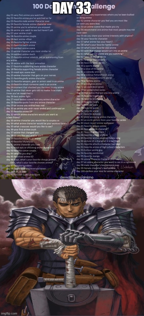 Day 33: Guts (Berserk) | DAY 33 | image tagged in 100 day anime challenge | made w/ Imgflip meme maker