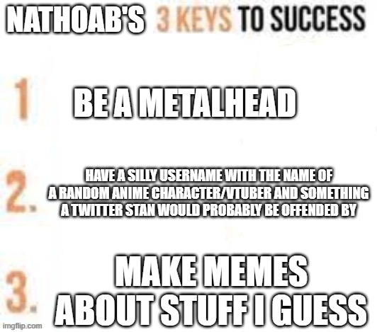 Elon musks three keys to success | NATHOAB'S; BE A METALHEAD; HAVE A SILLY USERNAME WITH THE NAME OF A RANDOM ANIME CHARACTER/VTUBER AND SOMETHING A TWITTER STAN WOULD PROBABLY BE OFFENDED BY; MAKE MEMES ABOUT STUFF I GUESS | image tagged in elon musks three keys to success | made w/ Imgflip meme maker