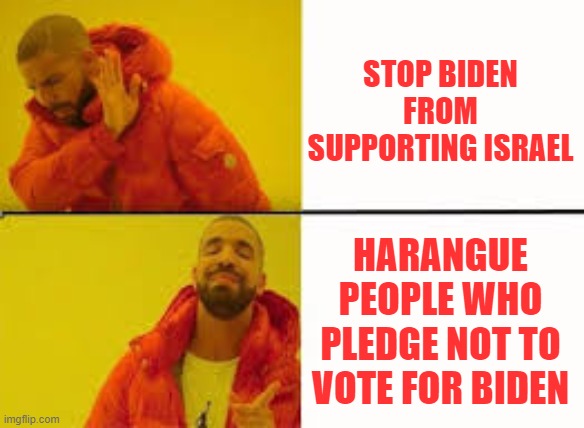 Harangue Voters Who Pledge Not to Vote for Biden Because of His Support for Israel | STOP BIDEN FROM SUPPORTING ISRAEL; HARANGUE PEOPLE WHO PLEDGE NOT TO VOTE FOR BIDEN | image tagged in orange jacket guy | made w/ Imgflip meme maker