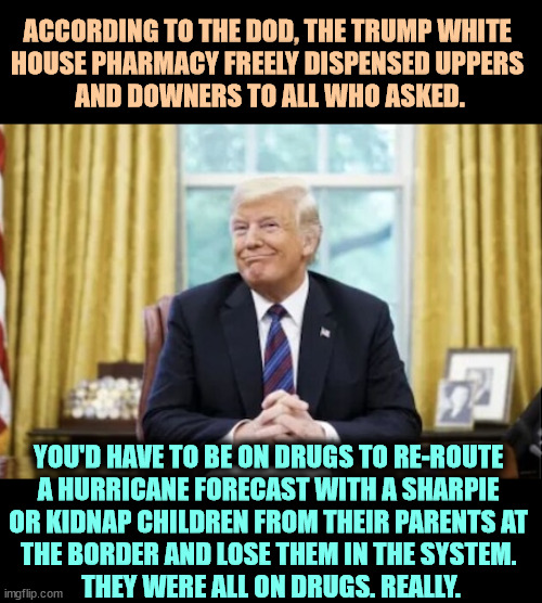 According to the Dept. of Defense, the Trump White House pharmacy handed out drugs like candy. | ACCORDING TO THE DOD, THE TRUMP WHITE 
HOUSE PHARMACY FREELY DISPENSED UPPERS 
AND DOWNERS TO ALL WHO ASKED. YOU'D HAVE TO BE ON DRUGS TO RE-ROUTE 
A HURRICANE FORECAST WITH A SHARPIE 
OR KIDNAP CHILDREN FROM THEIR PARENTS AT 
THE BORDER AND LOSE THEM IN THE SYSTEM. 
THEY WERE ALL ON DRUGS. REALLY. | image tagged in trump,trump administration,white house,pharmacy,drugs | made w/ Imgflip meme maker