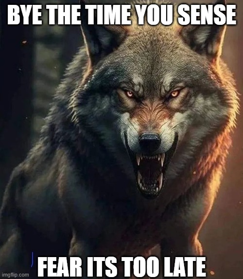 wolf | BYE THE TIME YOU SENSE; FEAR ITS TOO LATE | image tagged in wolf | made w/ Imgflip meme maker