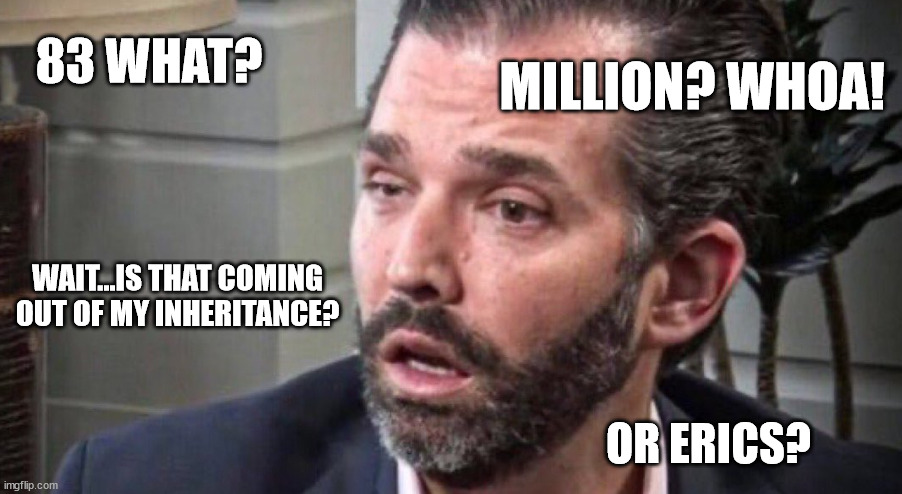 don trump jr coked up (facing left) | 83 WHAT? MILLION? WHOA! WAIT...IS THAT COMING OUT OF MY INHERITANCE? OR ERICS? | image tagged in don trump jr coked up facing left | made w/ Imgflip meme maker