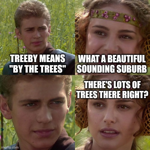 Anakin Padme 4 Panel | TREEBY MEANS "BY THE TREES"; WHAT A BEAUTIFUL SOUNDING SUBURB; THERE'S LOTS OF TREES THERE RIGHT? | image tagged in anakin padme 4 panel | made w/ Imgflip meme maker