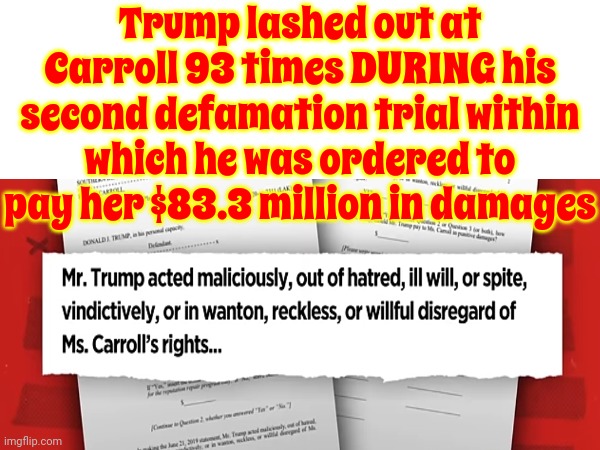 Trump Has Lost Control | Trump lashed out at Carroll 93 times DURING his second defamation trial within which he was ordered to pay her $83.3 million in damages | image tagged in trump unfit unqualified dangerous,lock him up,scumbag trump,memes,loser,deplorable donald | made w/ Imgflip meme maker
