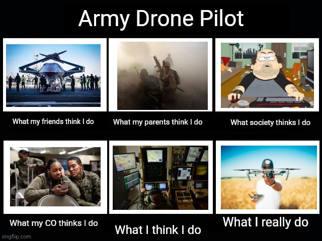 What People Think I Do / What I Really Do | Army Drone Pilot; What society thinks I do; What my parents think I do; What my friends think I do; What I really do; What my CO thinks I do; What I think I do | image tagged in what people think i do / what i really do | made w/ Imgflip meme maker