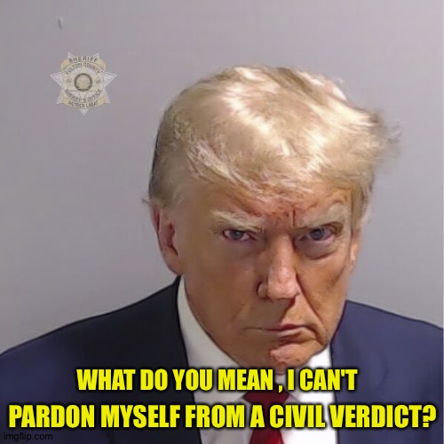 Trump mug shot | WHAT DO YOU MEAN , I CAN'T PARDON MYSELF FROM A CIVIL VERDICT? | image tagged in trump mug shot | made w/ Imgflip meme maker
