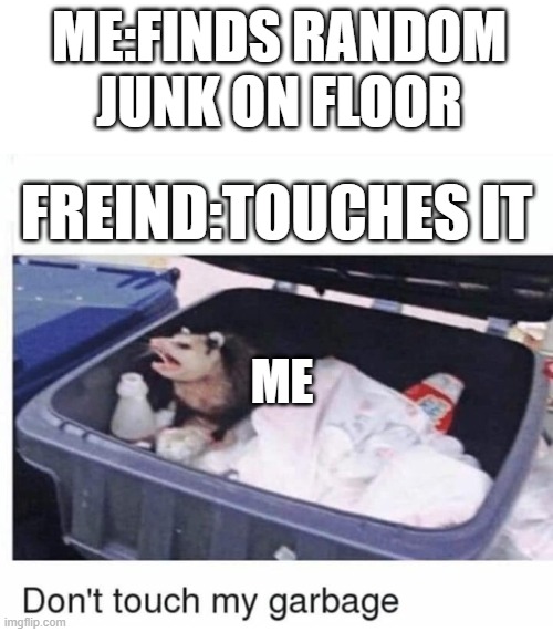 Don't touch my garbage | ME:FINDS RANDOM JUNK ON FLOOR; FREIND:TOUCHES IT; ME | image tagged in don't touch my garbage | made w/ Imgflip meme maker
