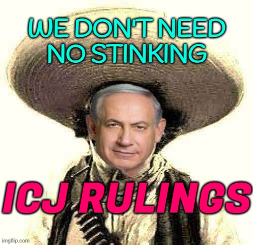 We Don't Need No Stinking ICJ Genocide Rulings | WE DON'T NEED
NO STINKING; ICJ RULINGS | image tagged in we don't need no stinking badges,genocide,it's the law,law,palestine,world war 3 | made w/ Imgflip meme maker