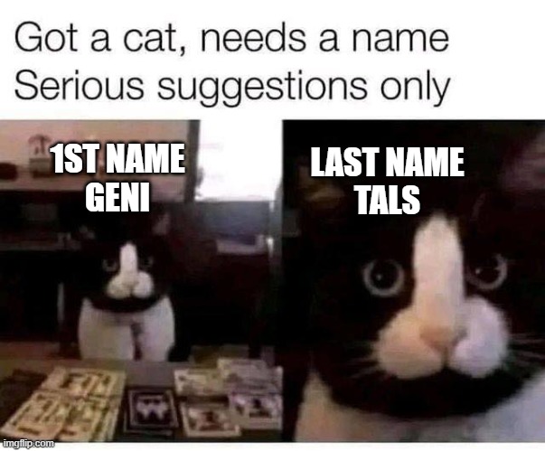 LAST NAME
TALS; 1ST NAME
GENI | made w/ Imgflip meme maker