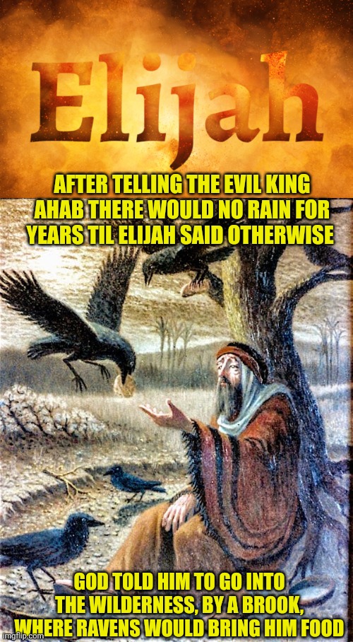AFTER TELLING THE EVIL KING AHAB THERE WOULD NO RAIN FOR YEARS TIL ELIJAH SAID OTHERWISE; GOD TOLD HIM TO GO INTO THE WILDERNESS, BY A BROOK, WHERE RAVENS WOULD BRING HIM FOOD | image tagged in prophet elijah,elijah fed by the ravens | made w/ Imgflip meme maker