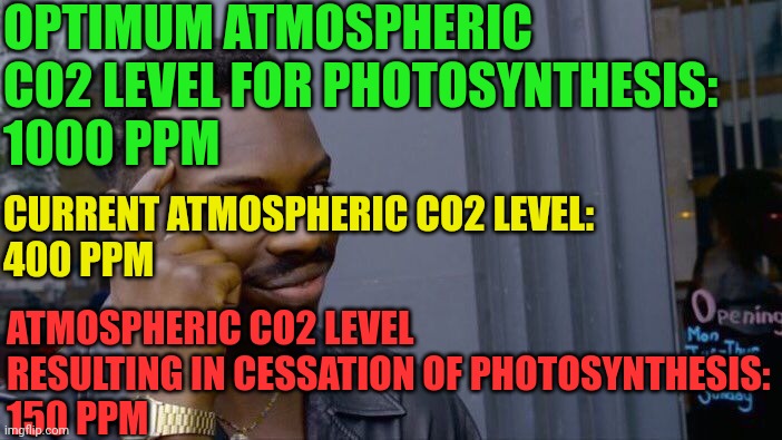 Roll Safe Think About It Meme | OPTIMUM ATMOSPHERIC CO2 LEVEL FOR PHOTOSYNTHESIS:
1000 PPM CURRENT ATMOSPHERIC CO2 LEVEL:
400 PPM ATMOSPHERIC CO2 LEVEL RESULTING IN CESSATI | image tagged in memes,roll safe think about it | made w/ Imgflip meme maker