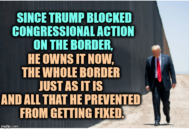 SINCE TRUMP BLOCKED
CONGRESSIONAL ACTION 
ON THE BORDER, HE OWNS IT NOW, 
THE WHOLE BORDER 
JUST AS IT IS 
AND ALL THAT HE PREVENTED 
FROM GETTING FIXED. | image tagged in trump,border,border wall,mexio,immigration,illegal immigration | made w/ Imgflip meme maker