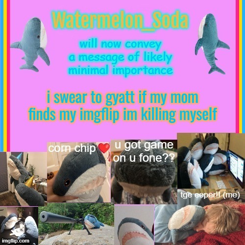 soda's gayass blahaj temp | i swear to gyatt if my mom finds my imgflip im killing myself | image tagged in soda's gayass blahaj temp,funny word that makes people mad asf | made w/ Imgflip meme maker