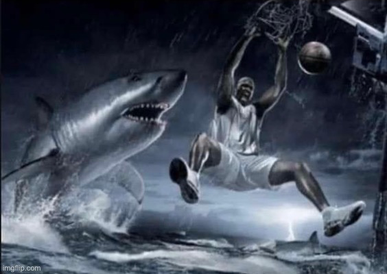 Shaquille o Neal dunking in front of sharks Blank Meme Template