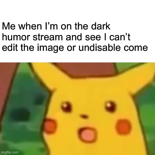 I hate it | Me when I’m on the dark humor stream and see I can’t  edit the image or undisable come | image tagged in memes,surprised pikachu | made w/ Imgflip meme maker