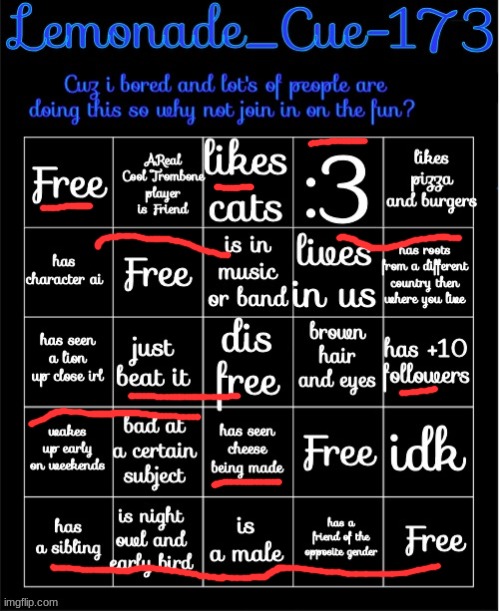 Lemonade_Cue-173 Bingo | image tagged in lemonade_cue-173 bingo | made w/ Imgflip meme maker