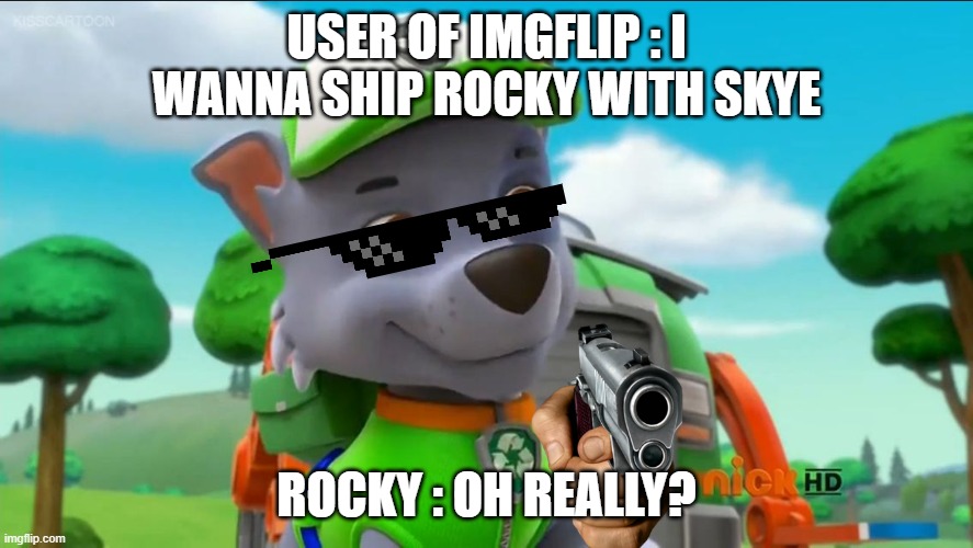 PAW Patrol Oh Really? | USER OF IMGFLIP : I WANNA SHIP ROCKY WITH SKYE; ROCKY : OH REALLY? | image tagged in paw patrol oh really | made w/ Imgflip meme maker