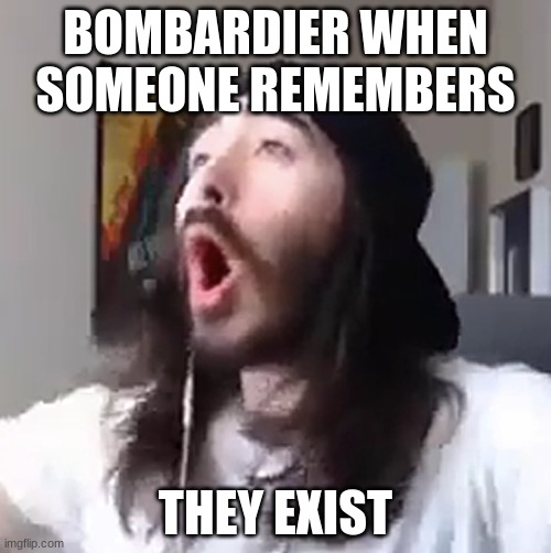 Wooooo yeah baby | BOMBARDIER WHEN SOMEONE REMEMBERS; THEY EXIST | image tagged in wooooo yeah baby | made w/ Imgflip meme maker