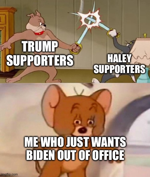 Tom and Jerry swordfight | TRUMP SUPPORTERS; HALEY SUPPORTERS; ME WHO JUST WANTS BIDEN OUT OF OFFICE | image tagged in tom and jerry swordfight | made w/ Imgflip meme maker