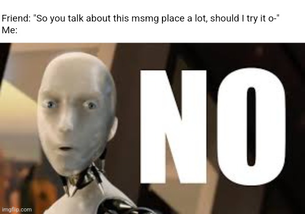 Irobot no | Friend: "So you talk about this msmg place a lot, should I try it o-"
Me: | image tagged in irobot no | made w/ Imgflip meme maker